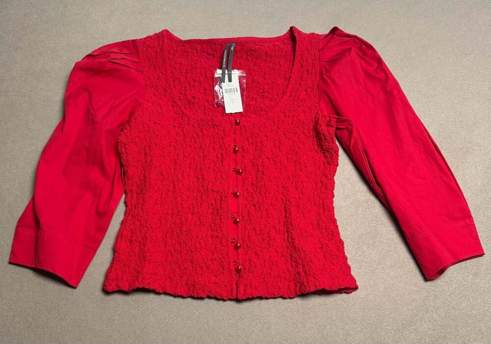 By Anthropologie Smocked Button-Up Top with Puff Sleeves